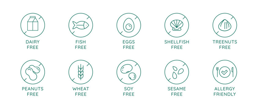 Vector set of design elements, badges and icons for food packaging in mono linear style - dairy free, nuts free, eggs free, soy free, allergy friendly...