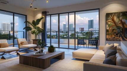 Fototapeta premium stylish urban condo with a modern design, balcony, and city skyline views