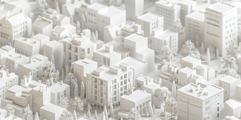 Birds Eye view of a modern city. Urban concept. White clay 3D rendering.  Created with Generative AI technology.