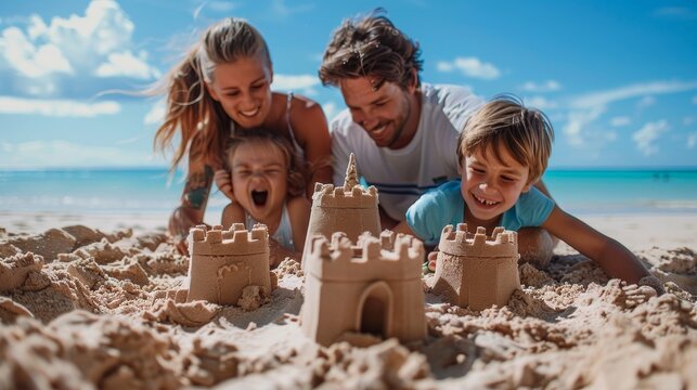 A family of four enjoys building sandcastles on a sunny beach