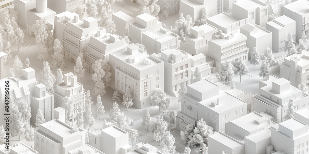 Poster birds eye view of a modern city. urban concept. white clay 3d rendering. created with generative ai 