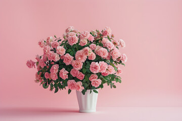 Obraz premium large bouquet of pink roses front view Set on a white table in a minimalist style. There is a background of soft pastel colors