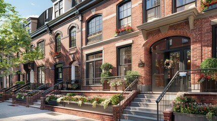 traditional brick townhouse with a classic facade, iron railings, and flower boxes