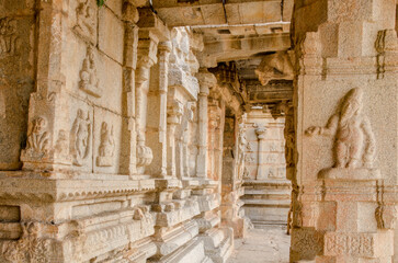 Interior of the beautiful and magnificent Lord Shri Krishna Temple, Medieval sandstone architecture at Hampi, Karnataka, India, Asia.