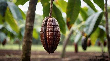 Cocoa plant pod hanging on tree cacao harvesting blurred background Ai generative.