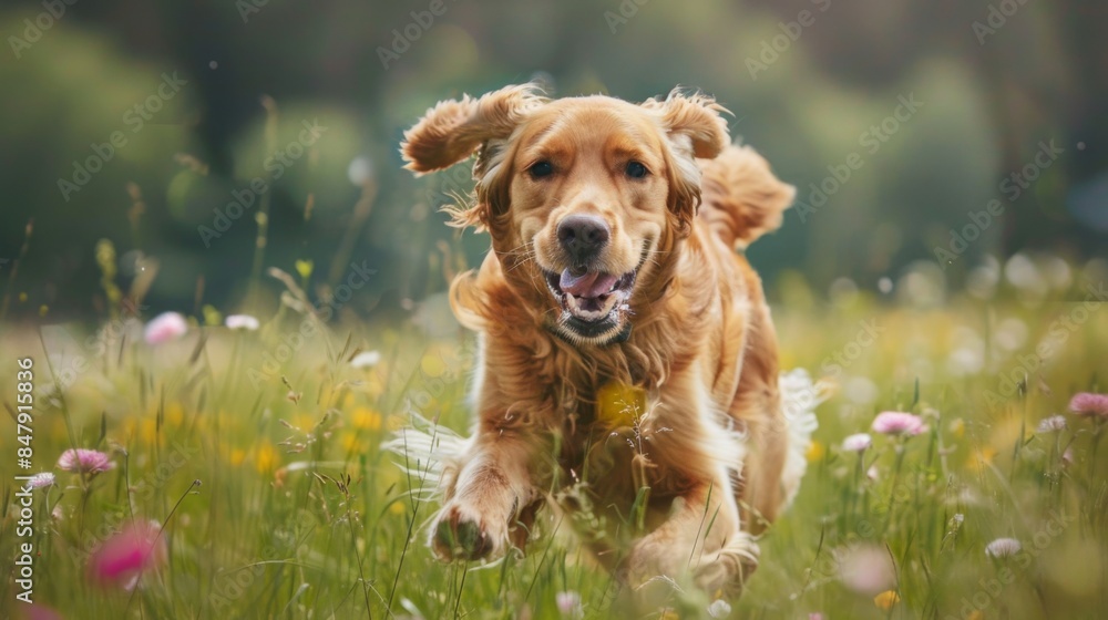 Poster a playful dog running through a field of flowers, ears flapping in the wind.