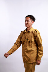 gesture of young government worker man in uniform walking isolated over white background