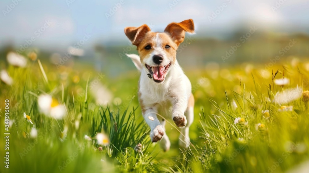 Poster a playful dog running through a field of flowers, ears flapping in the wind.