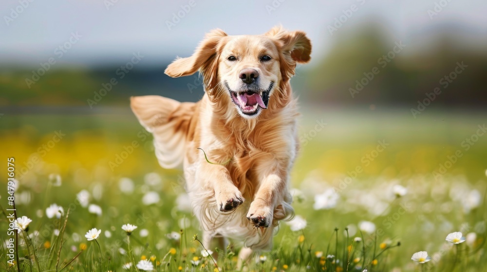 Poster A playful dog running through a field of flowers, ears flapping in the wind.