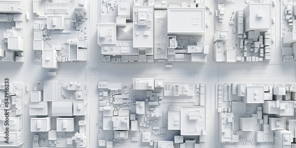 Poster birds eye view of a modern city. urban concept. white clay 3d rendering. created with generative ai 