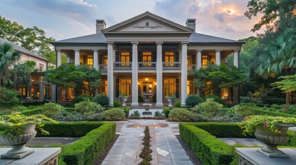 Obraz premium traditional southern-style home with large columns, a wide front porch, and lush gardens