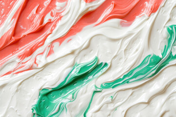 Close up of Toothpaste Texture: Top View of White, Red, and Green Toothpaste Background. Stomatology and Dental Care Textured Product Backdrop