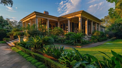 traditional southern-style home with large columns, a wide front porch, and lush gardens