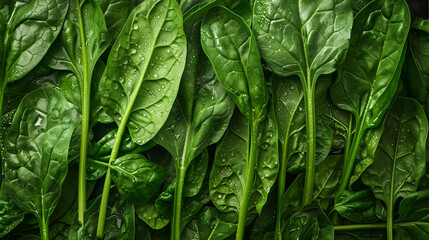 Fototapeta premium Fresh Spinach Leaves with Dew Drops, Lush Greenery, Healthy Vegetable Background