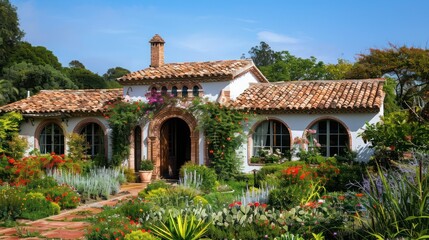 traditional Spanish villa with terracotta roof tiles, arched doorways, and vibrant gardens