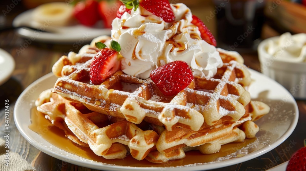 Aufkleber A stack of golden brown waffles topped with whipped cream and strawberries, served with a side of syrup.