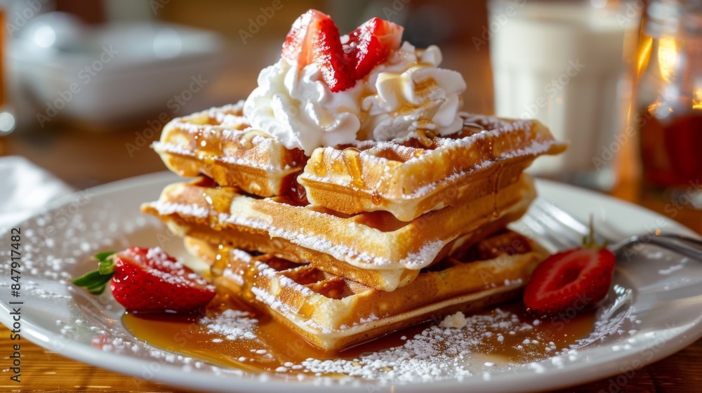 Poster A stack of golden brown waffles topped with whipped cream and strawberries, served with a side of syrup.