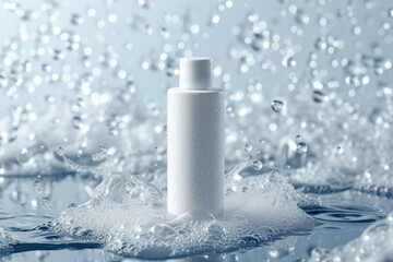 A sleek blank white plastic bottle mockup surrounded by splashes of water, bubbles, foam and shimmering droplets, symbolizing freshness, hydration, and purity. Skincare, cosmetics, or wellness product