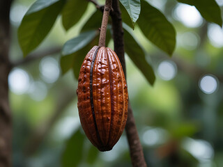 Cocoa plant pod hanging on tree cacao harvesting blurred background Ai generative.