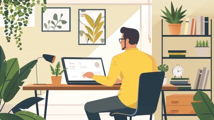 A man sits at his desk, working on his laptop, with plants and a bookshelf in the background