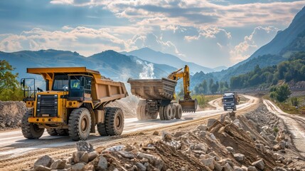 **: Heavy machinery, including a backhoe and a dump truck, working on a new road construction project