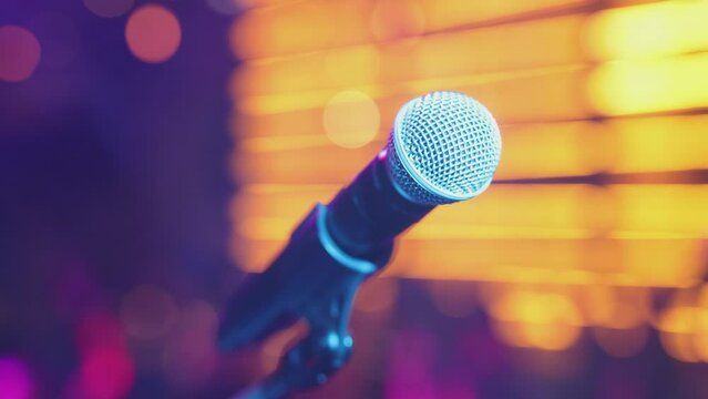 Close-up of a microphone on the stage with club light background