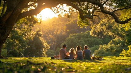 A family of four enjoys a peaceful picnic under a large tree, bathed in the golden light of the setting sun