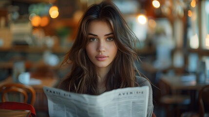 Fototapeta premium Young businesswoman reading the daily newspaper