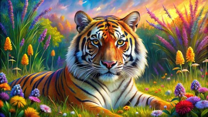 A majestic tiger lounging in a vibrant, colorful field.
