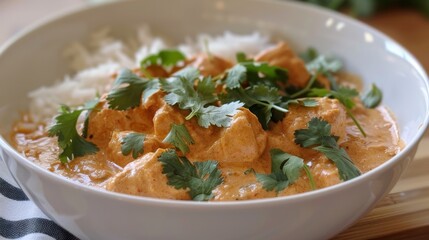 A tempting bowl of creamy chicken tikka masala garnished with fresh cilantro leaves.