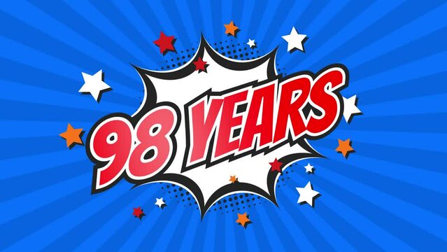 98th ninety-eighth anniversary - 98 ninety-eight years birthday. Animated text on pop colorful background with rotating rays.