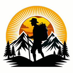 Vector t-shirt design. Black silhouette hiking vintage retro sunshine isolated on the background. Conceptual art, vibrant painting illustration.