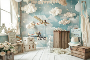 Adventure backdrop for kid and family photoshoot with airplane and balloons