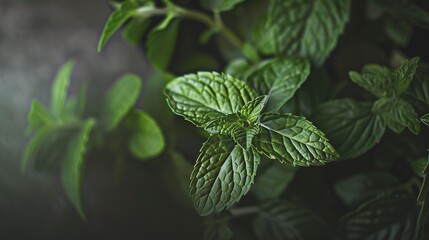 Close-up of a fresh mint bundle, detailed leaves with serrated edges, soft natural light, crisp and refreshing.