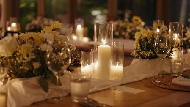 deceoration setting for beautiful event Decoration dinner set up Wedding decor candle catering dinner tabel luxury event. Close up Candlelight bright decoration romantic setting table dinner.