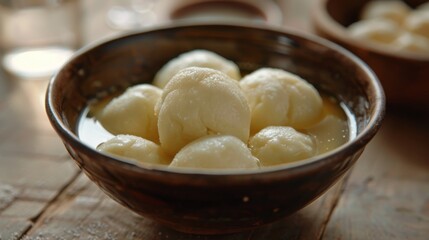 A tempting bowl of rasgulla, a popular Indian sweet made with paneer balls soaked in sugar syrup.