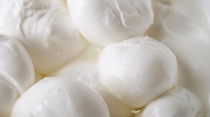Detailed shot of a cluster of fresh mozzarella balls, smooth surfaces and milky white color, soft light, detailed and fresh.