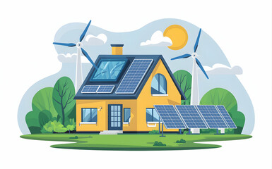 Naklejka premium Smart home with solar panels and wind turbines