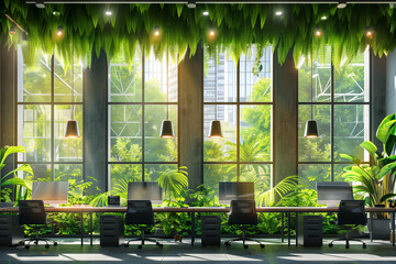 Green office design with house plants for carbon dioxide reduction