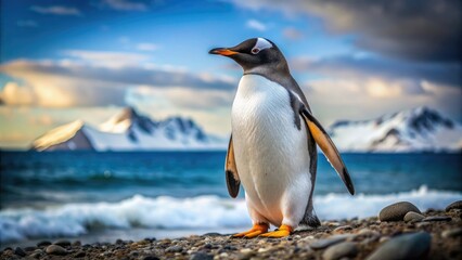 Naklejka premium Penguin standing on a rocky shore with ocean waves.