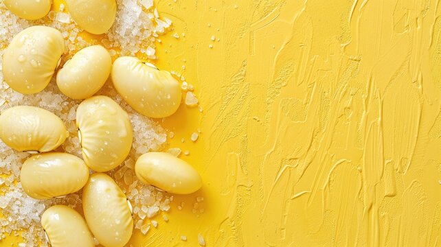 Close-up of yellow butter-like food on salt crystals and textured background