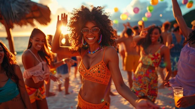 Group of friends dance and celebrate at a beach party during sunset