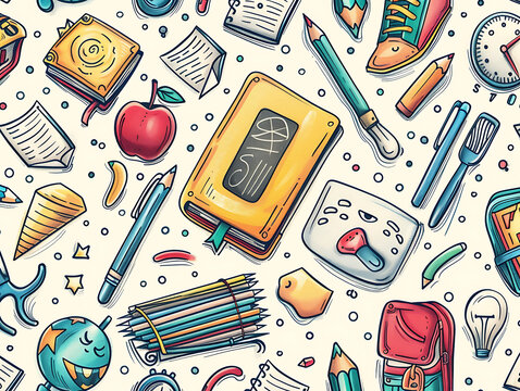 Colorful back to school supplies seamless pattern educational doodles stationery items playful learning tools creative school essentials pencil notebook apple backpack fun design.

 - Powered by Adobe