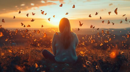 Woman sitting in a field with butterfly flying sunset