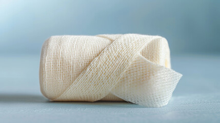 Close up of a White Clean Rolled Bandage Isolated on Solid Light Blue Background Surface