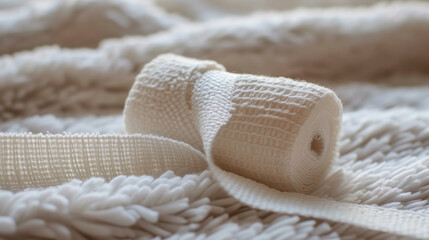 Close up of White Clean Rolled Bandage on a Soft Beige Fabric Surface Background 