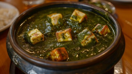 A tempting plate of palak paneer, a creamy spinach curry with cubes of soft paneer cheese