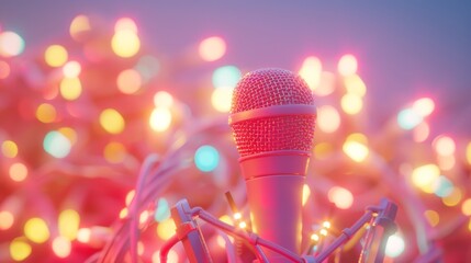 A close-up of a microphone on a stand with a drum set blurred in the background, bathed in vibrant pink and purple bokeh lights, evoking a lively concert atmosphere.