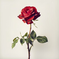 A single beautiful red rose highlighted on a light gray background