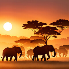 Obraz premium elephants on sunset